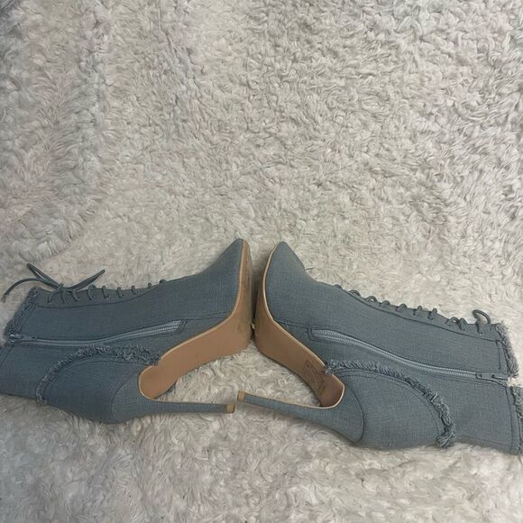 Bella Marie Frayed Denim Peep Toe Lace Up Stiletto Ankle Boots side zipper SZ10 - Picture 9 of 15